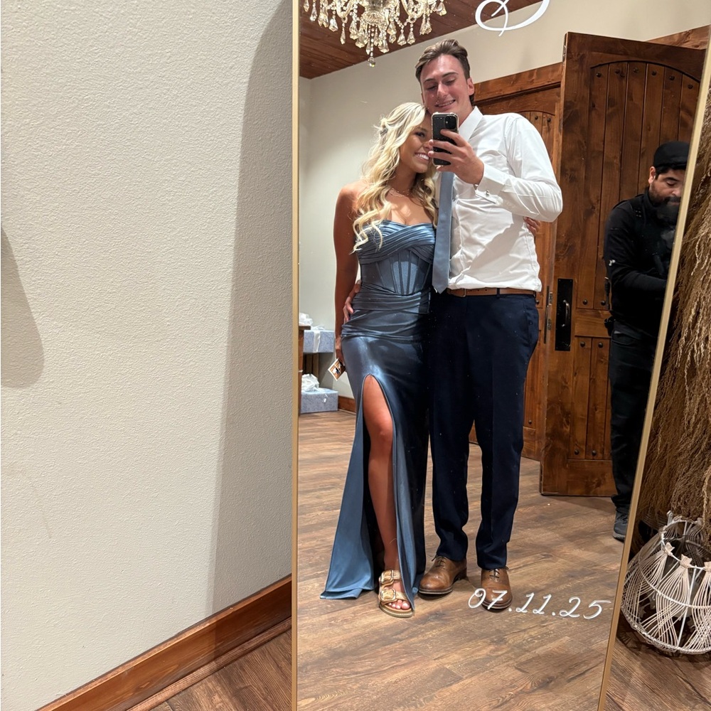 David’s bridal bridesmaid Elegant Blue Strapless Gown